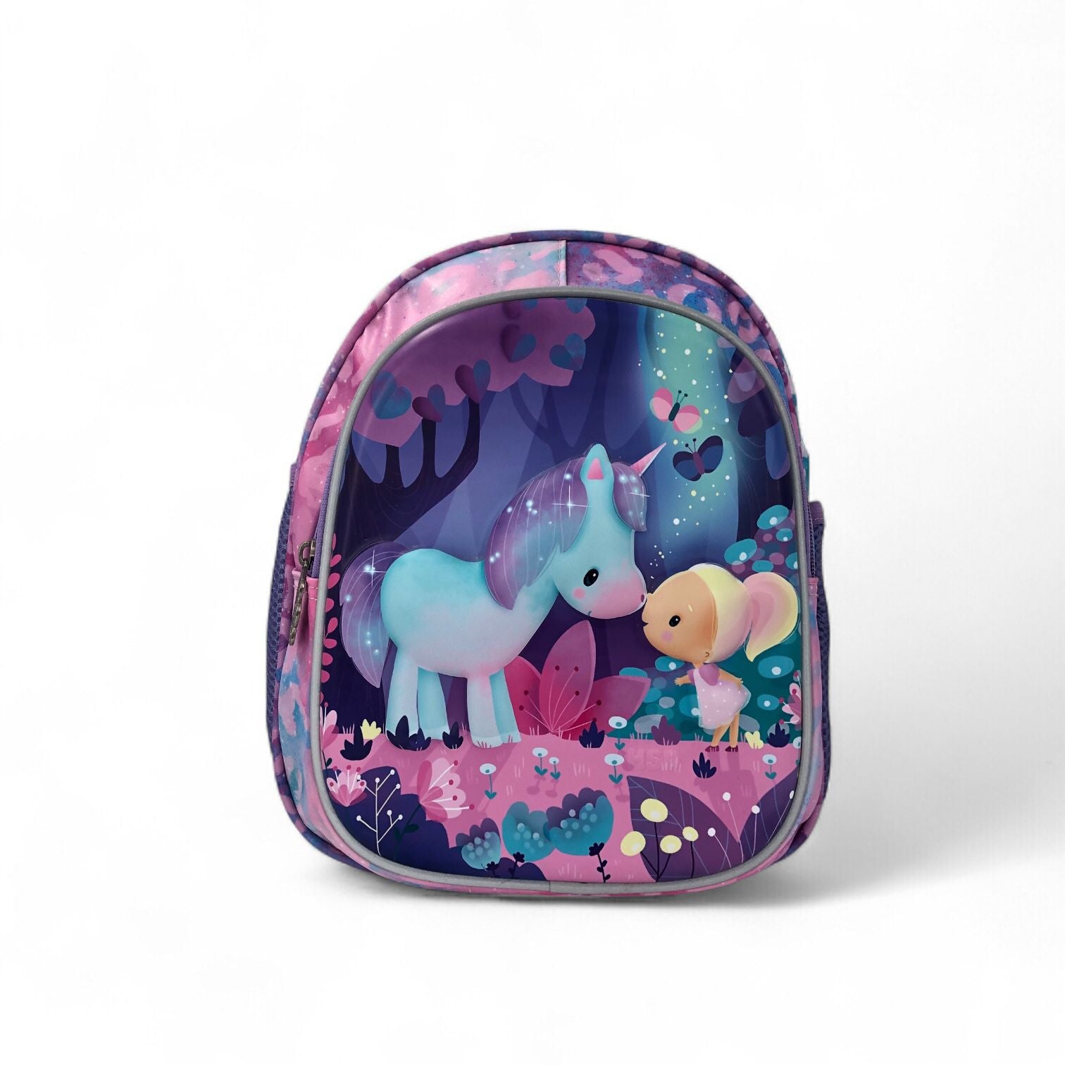 12-inch kids school backpack with unicorn and woodland scene graphic, pink and purple trim